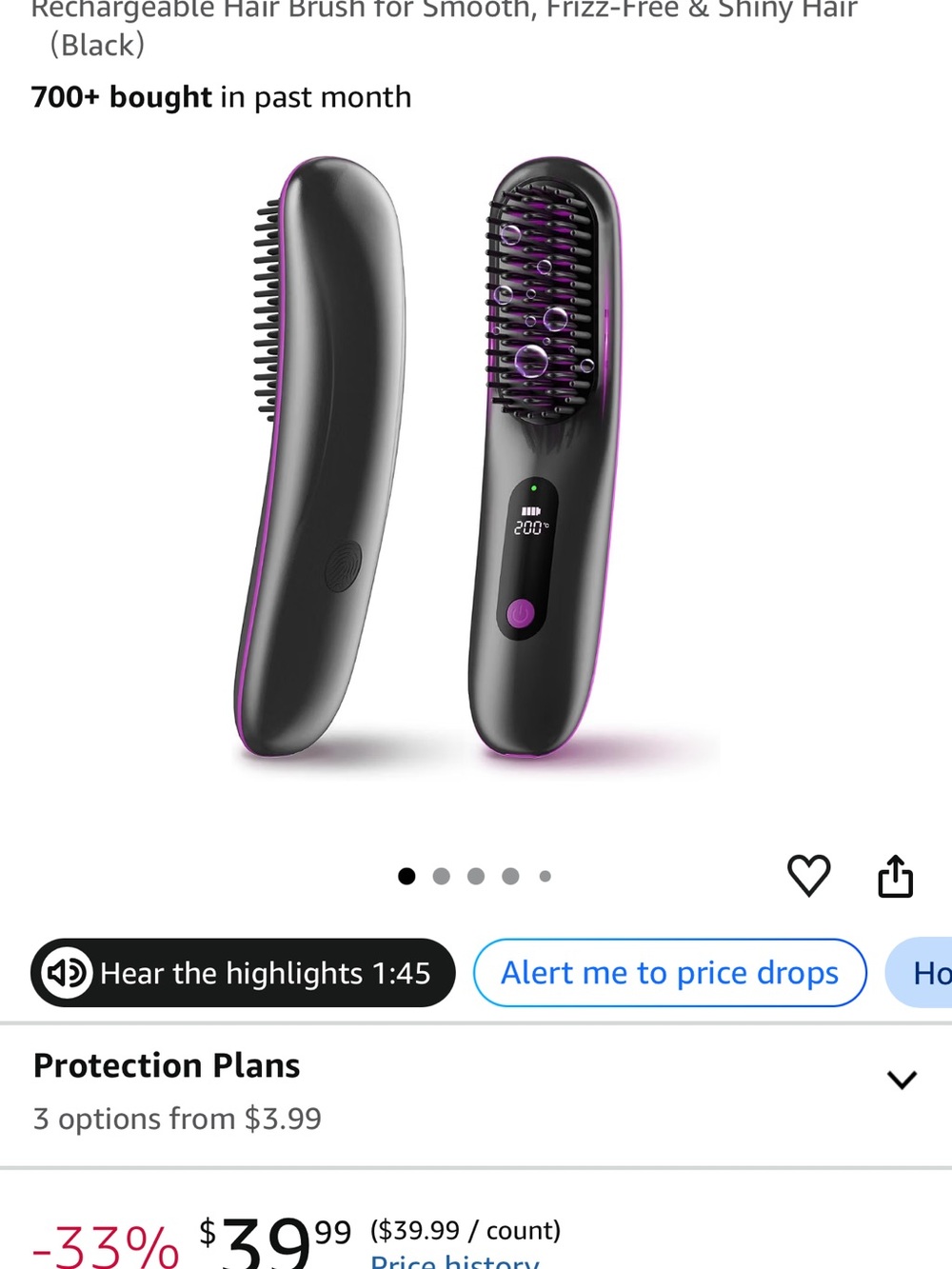 Rechargeable Black Hair Straightening Brush with Purple Trim